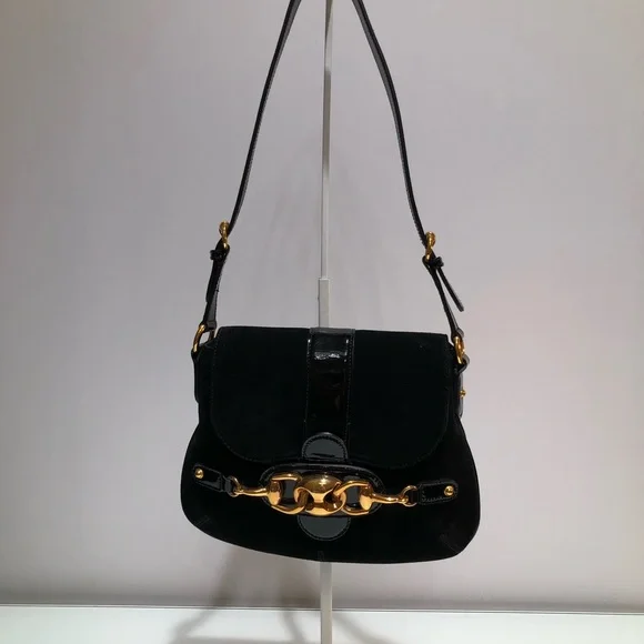 GUCCI Suede Black Handbag with Black Patent Leather Shoulder Strap - Picture 7 of 16